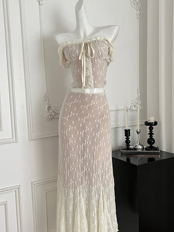 Lace Off Shoulder Crop To Mermaid Hem Skirt Set
