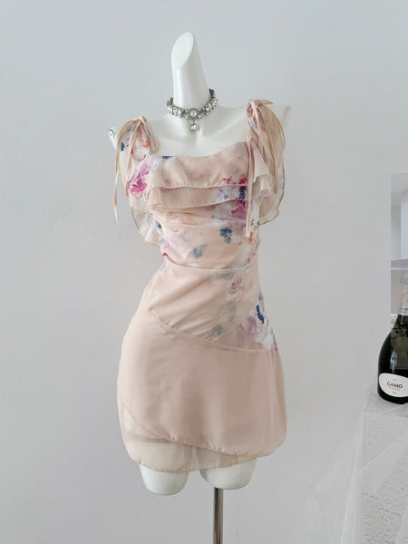 Ruffled Straps Sheer Floral Print Dress