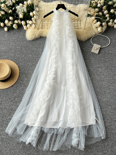 Elegant High Neck Ruffle White Flower Dress