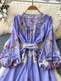 Adjustable Waist Puff Sleeves Lavender Wrap Dress