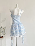 Ruffled Lace Layers Light Blue Butterfly Print Mini Dress
