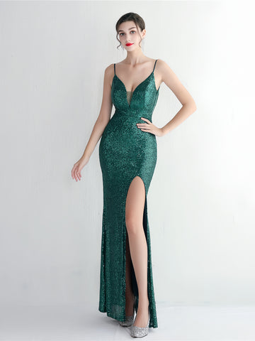 Green Sequin Evening Gown with High Slit