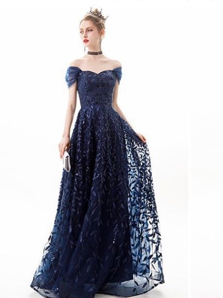 Glamorous Feather Adorned Off-the-Shoulder Party Dress Dark Navy