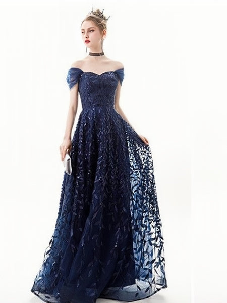 Off The Shoulder Navy Sparkle Party Dress