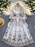 Waist Tie Full-Length Sleeves Floral Maxi Dress