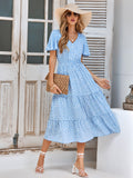 Elegant Blue Tiered Chiffon Midi Print Dress