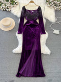 Regal Velvet Evening Gown with Beaded Sleeves and Slit