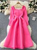 Statement Bow Flared Skirt Pink Long-Sleeve Dress