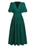 Vintage Charm Emerald Puff Sleeve Dress