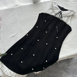 White Peter Pan Collar Pearl Embellishments Black Mini Dress