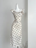 Asymmetric Ruffled Cream Polka Dot Midi Dress