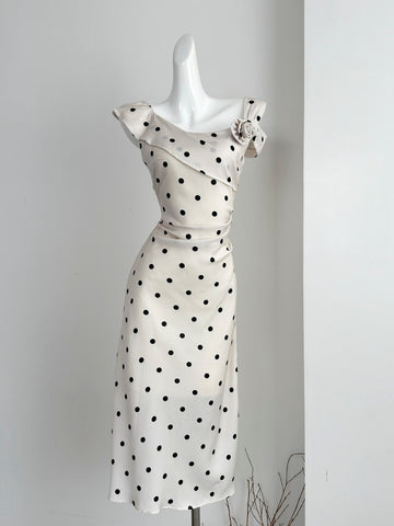 Asymmetric Ruffled Cream Polka Dot Midi Dress