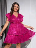 Magenta Magic Sequined Flounce Party Dress