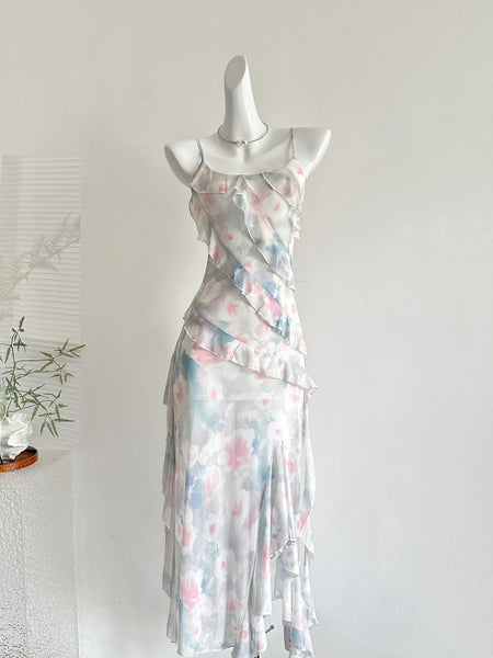 Ruffles Watercolor Print Spaghetti Strap Midi Dress