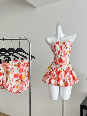Vibrant Floral Print Strapless Peplum Top Skirt Set