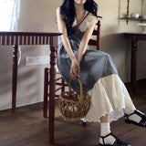 Plaid Print Lace Sleeveless Ruffle Hem Dress