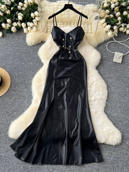 Spaghetti Straps Black Satin Maxi Dress