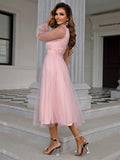 Romantic Sheer Overlay Pink Tea-Length Dress