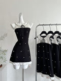 White Peter Pan Collar Pearl Embellishments Black Mini Dress