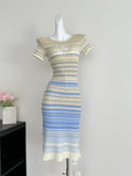 Blue & Beige Chevron Knitted Short Sleeve Bodycon Midi Dress