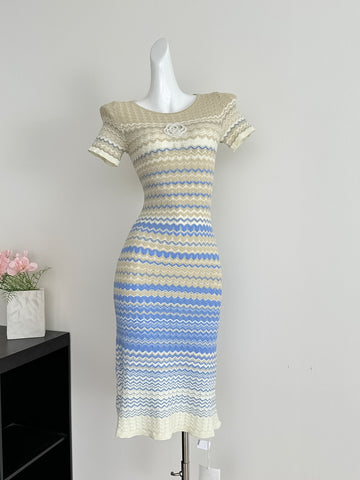 Blue & Beige Chevron Knitted Short Sleeve Bodycon Midi Dress