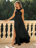 Black Halter Chiffon Formal Dress With Slit