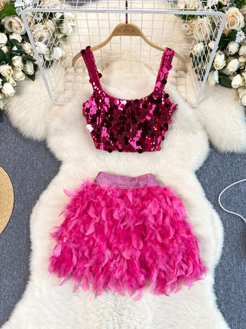 Dazzling Fuchsia Sequin Top with Feather Skirt Ensemble