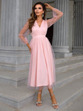 Romantic Sheer Overlay Pink Tea-Length Dress