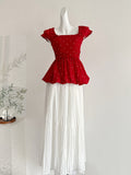 Red Polka Dot Peplum Top Pleated Maxi Skirt