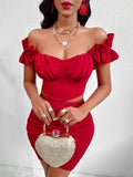 Red Off-Shoulder Top and Skirt Set