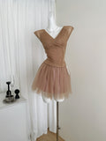 V Neck Sheer Mesh Sleeveless Top Ruched Skirt