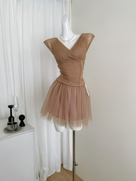 V Neck Sheer Mesh Sleeveless Top Ruched Skirt