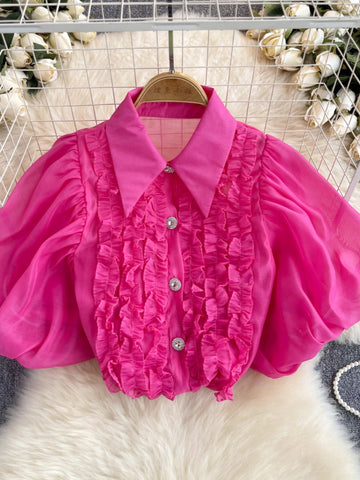 Vibrant Pink Ruffled Sparkling Buttons Blouse