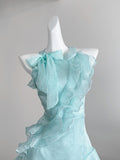 Layered Ruffles Asymmetric Light Blue Dress