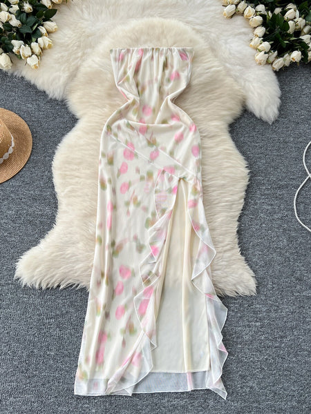 Strapless Ruffled Edges Floral Maxi Dress