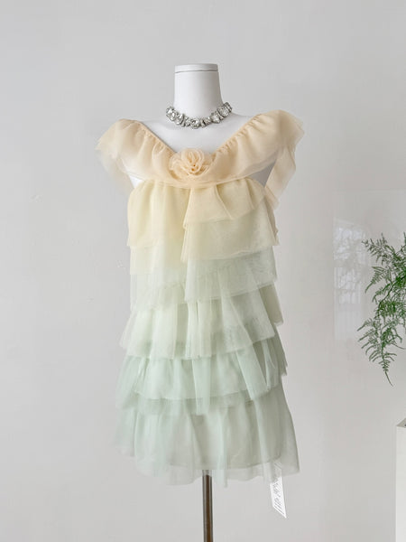 Flower Embellishment Ombre One Shoulder Tulle Mini Dress