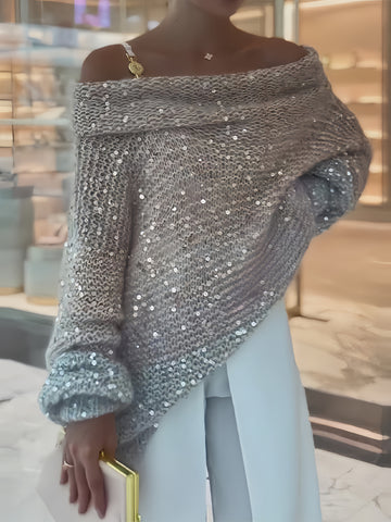 Off The Shoulder Silver Long Sleeve Sweater