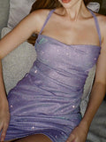 Purple Spaghetti Strap Backless Mini Dress