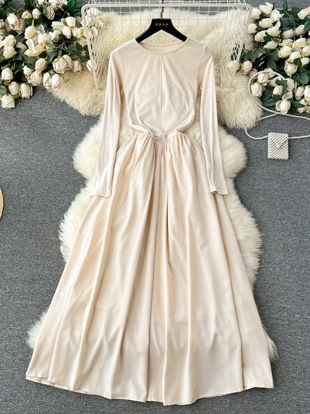Elegant Pleats Classic Cream Maxi Dress