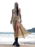 Designer Ruffles Mesh Midi Hooded Dress