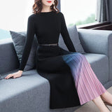 Gradient Pleated Skirt Long-Sleeve Ribbed Dress