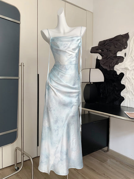 Ruched Slit Blue Satin Summer Maxi Dress