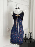 Floral Print Seductive Navy Blue Mini Dress
