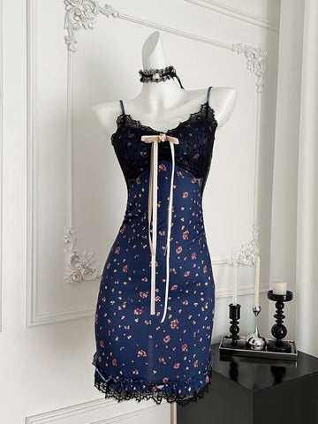 Floral Print Seductive Navy Blue Mini Dress
