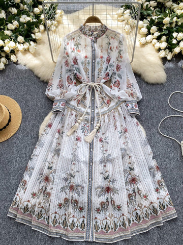 Waist Tie Full-Length Sleeves Floral Maxi Dress
