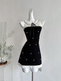 White Peter Pan Collar Pearl Embellishments Black Mini Dress