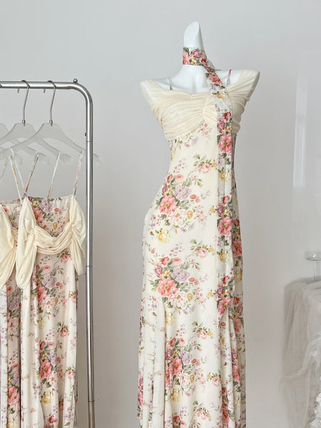 Ruched Bodice Sash One Shoulder Floral Print Maxi Dress
