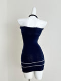 Navy Blue Fuzzy Knit Halter Neck Mini Dress