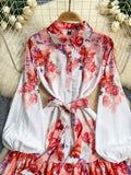 Puff Sleeves Elegant Floral Belt Dress