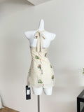 Colorful Floral Embroidery Halter Neck Mini Dress